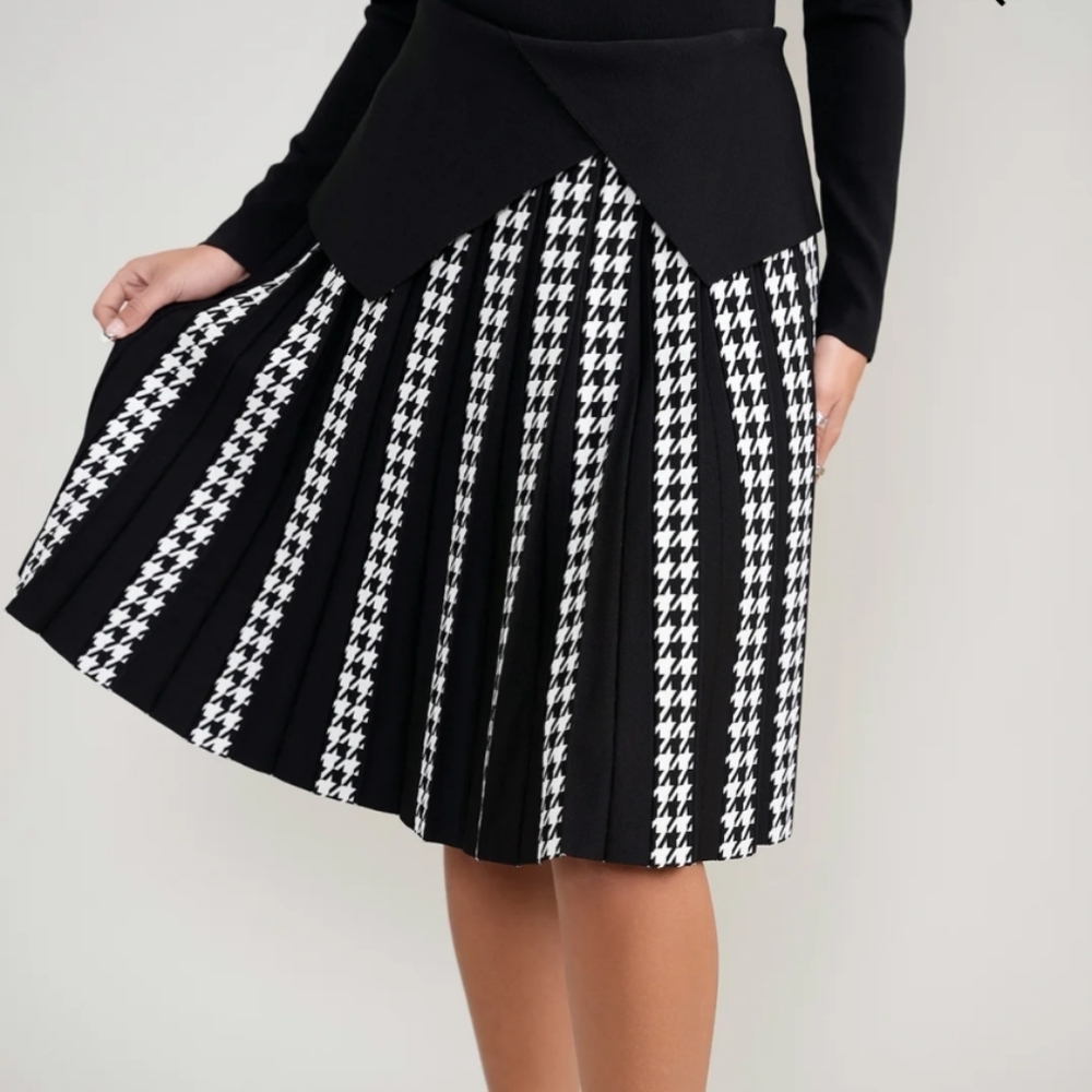 Aleezxa Paris Houndstooth Knit Pleated Skirt Women's Large Viscose Skirt